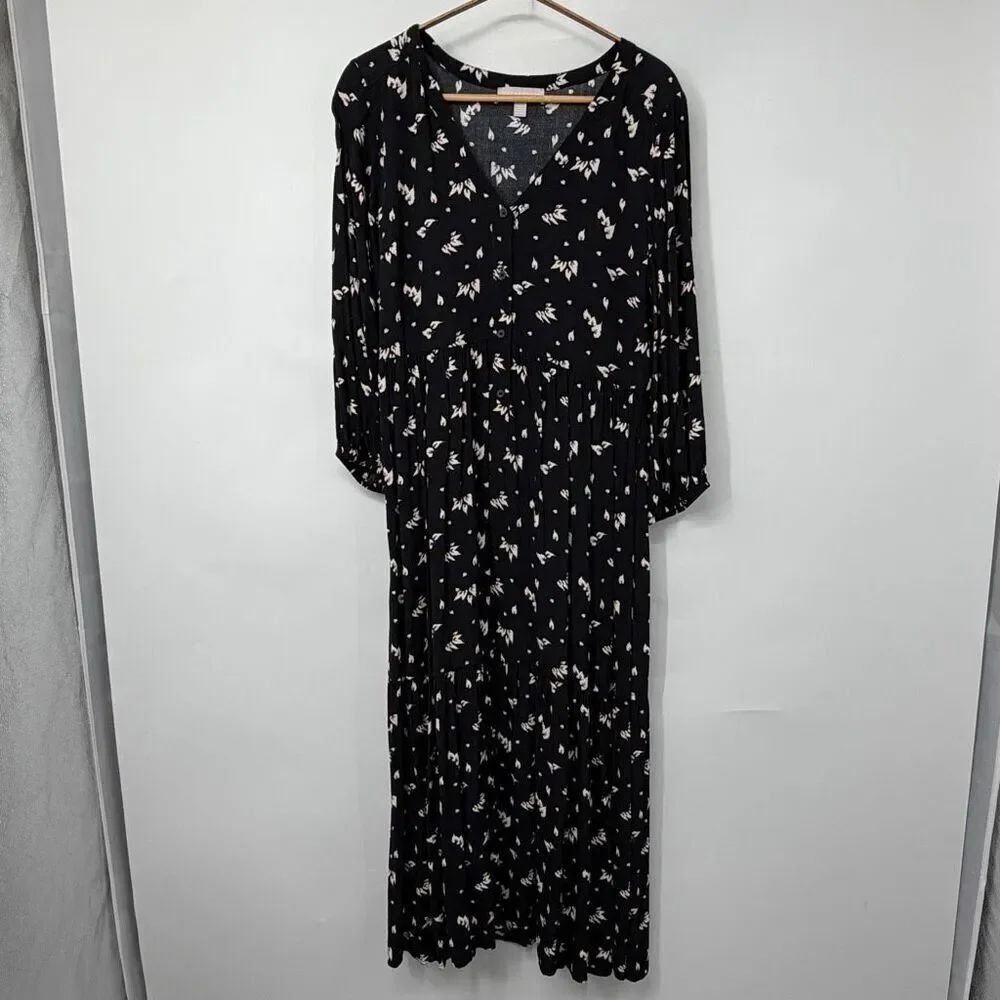 Chelsea 28 Black White Floral 3/4 Sleeve Button Front V-Neck Maxi Dress Small